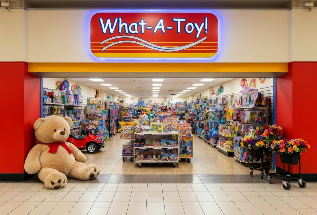 The bright What-A-Toy! storefront: the glowing red 'What-A-Toy!' sign above a wide entrance, a giant teddy bear and colorful toys filling the aisles